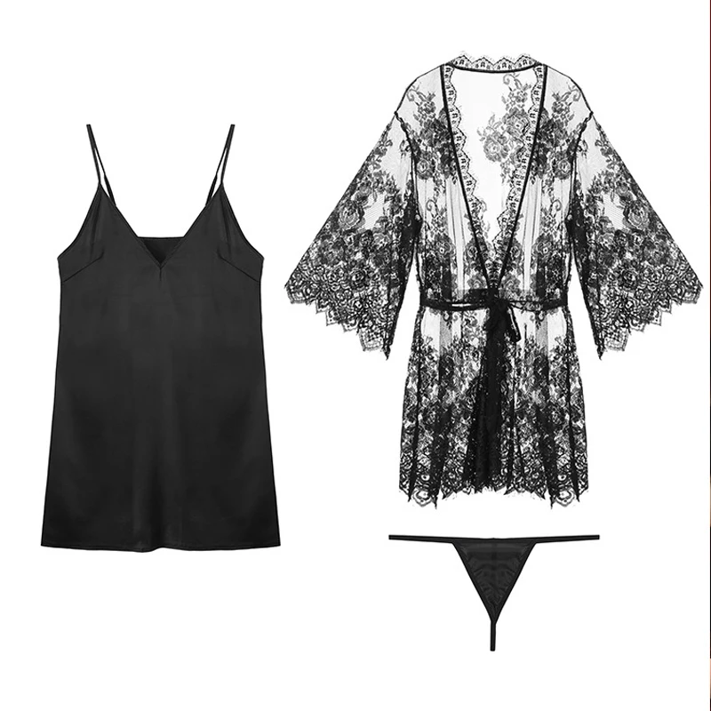 Autumn new black white female lace cardigan perspective nightgown robe strap nightdress home service 2 piece suit ML