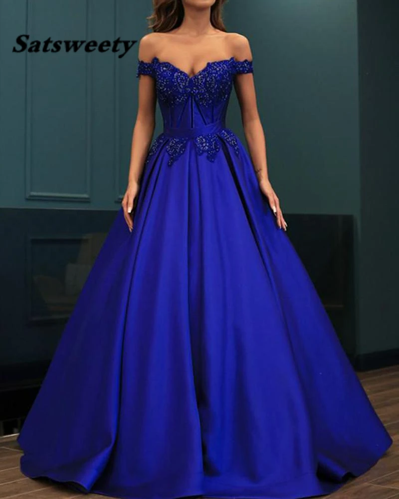 

Royal Blue Prom Dress Satin Lace Beaded Women Evening Dress Engagement Formal Party Gown Sweetheart Strapless A Line Customize