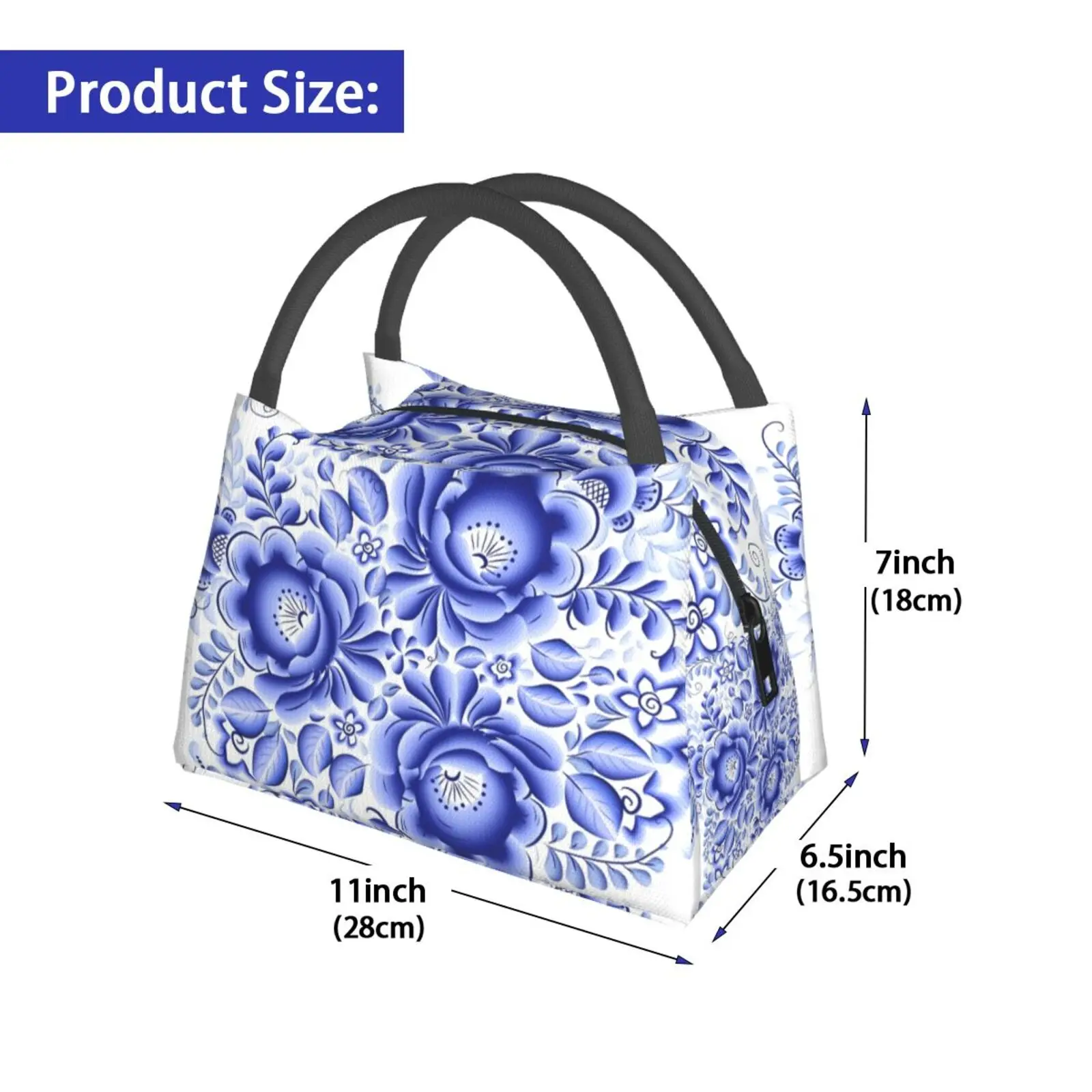 Bolsa de aislamiento portátil, diseño Floral azul en flor azul decorativa de estilo ruso Gzhel