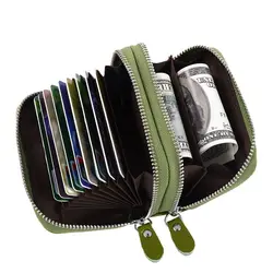 RFID Blocking Fashion Brand Women ID Card Holder Genuine Leather Double Zipper Ladies Credit Card Case Wallet Large Capacity