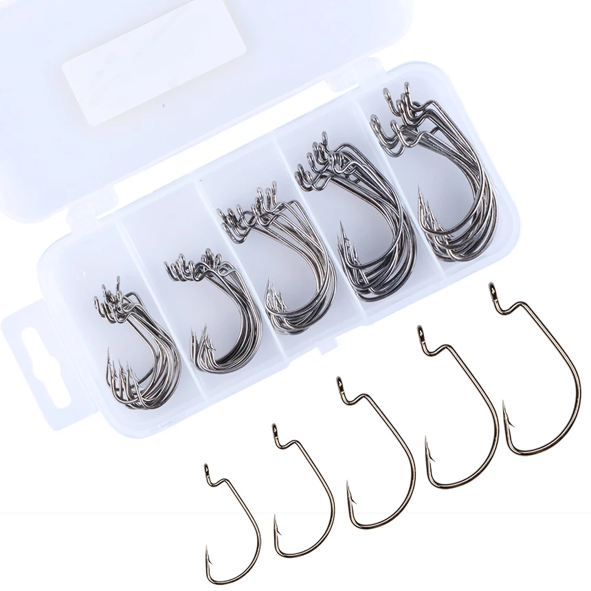 Goture 50pcs Crank Hook Offset Fishhook Bass Hooks 2# 1# 1/0# 2/0# 3/0# High Carbon Steel Fishhook With Fishing Tackle Box