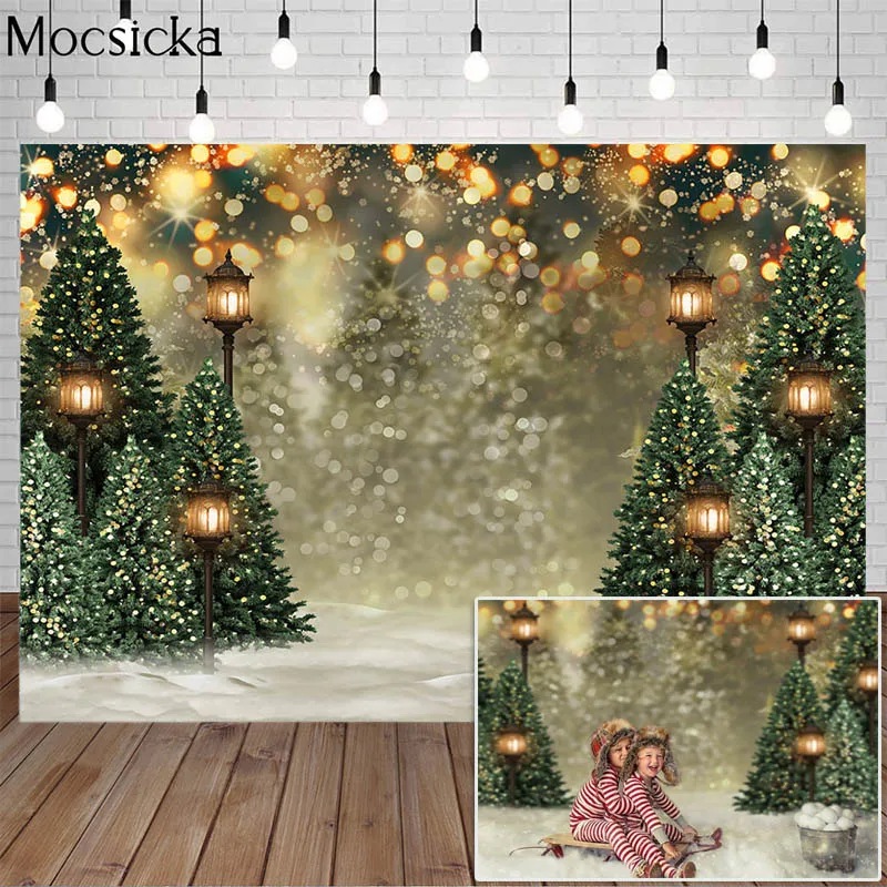Mocsicka – arrière-plan de photographie, sapin de noël, neige d'hiver, champ de neige, lumière chaude, décor Bokeh, pour Studio Photo