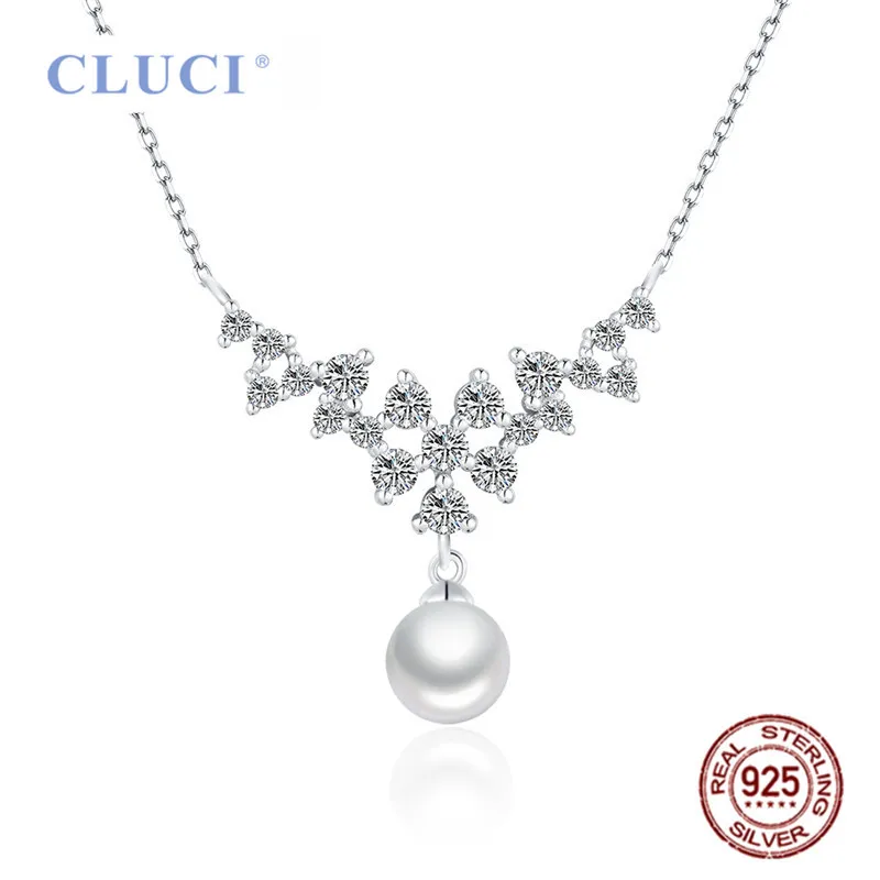 CLUCI 100% 925 Sterling Silver Pendant Necklace with 6-7mm White Saltwater Round Pearls Romantic Wedding Pearl Jewelry FSN050SB