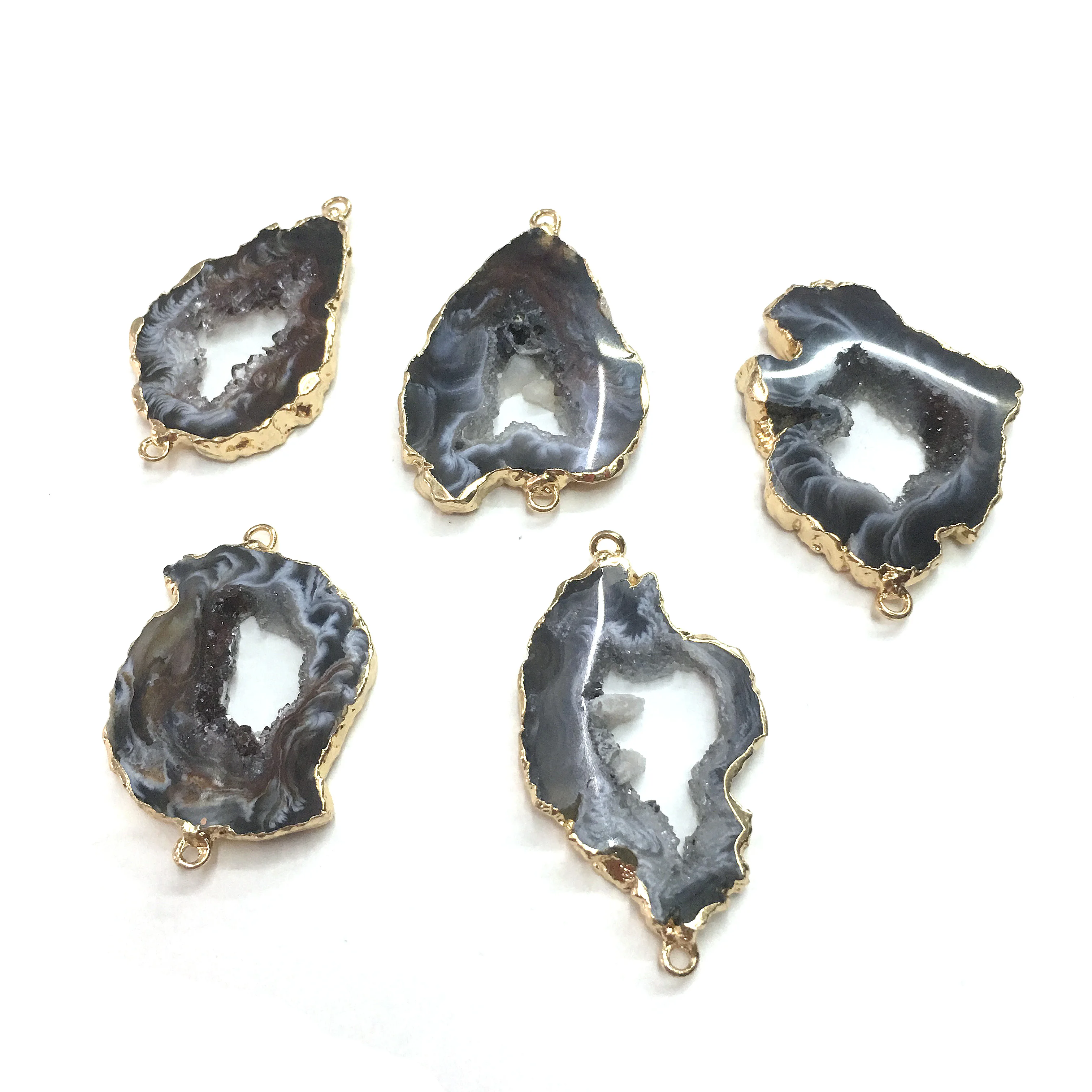 Natural Stone slice Agates Pendants Double hole connector for Jewelry Making DIY Necklaces Accessorie Size 28x40mm-28x50mm