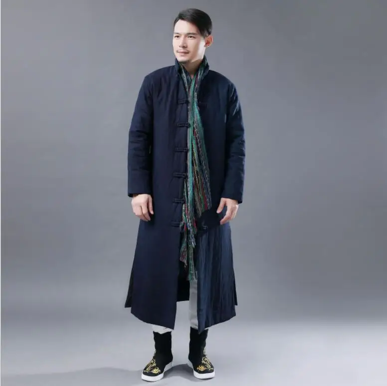 Winter verlengd katoen Lange kleding Chinese retro Nationale Stijl Heren katoen gewatteerd Gewaad effen kleur vrijetijdsbesteding opstaande kraag Gewaad