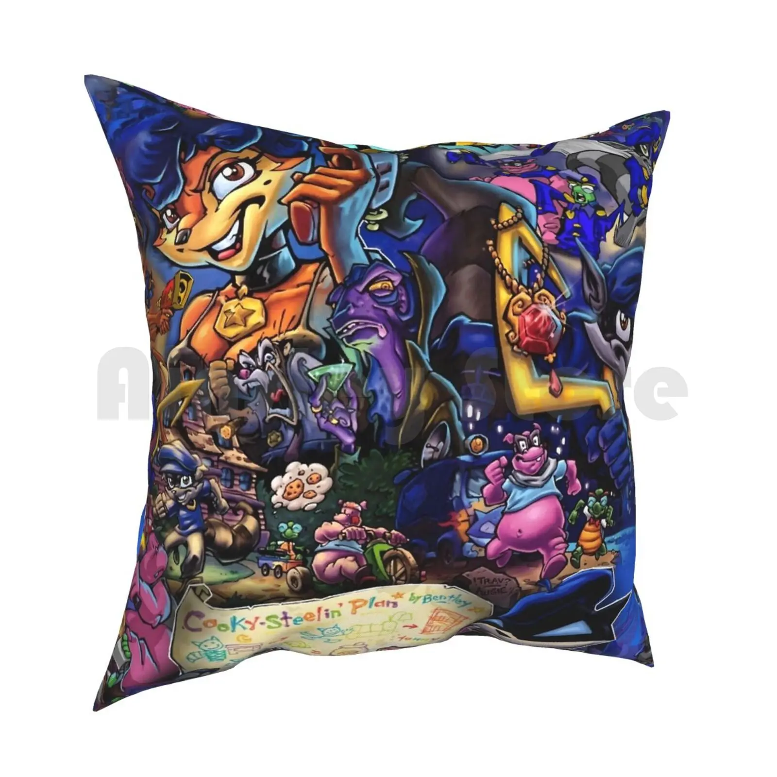 Comic Collage Sly Cooper Pillow Case Printed Home Soft Throw Pillow Slycooper Sly Cooper Raccoon Fox Turtle Hippo Comic