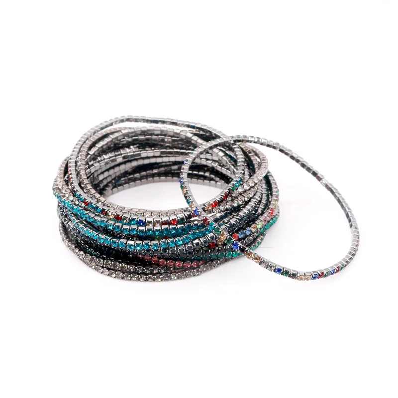 5pcs/lot 17cm Round Colorful Glittering Gun Black Metal Chains Full Rhinestones Bangle Bracelet Girl Jewelry DIY Accessories