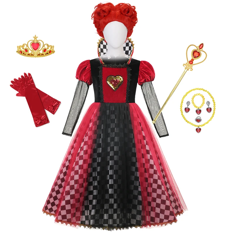 Red Queen of Hearts Princess Dress Alice In Wonderland Cosplay Fancy Dress Delux Party Girls Halloween Carnaval Cosplay Costume