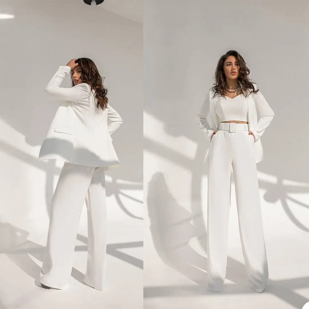 Classic White Women Blazer Suits 2 Pieces Set Casual Daily Double Breasted Peaked Lapel Jacket Office Streetwear Slim Fit Dress