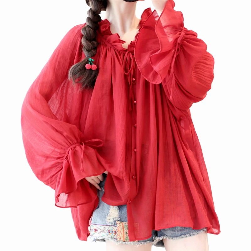 Original Design AIGYPTOS Spring New Women Oversized Red Shirts Ladies Sweet Elegant Casual Loose All-Match Dark Red Blouses