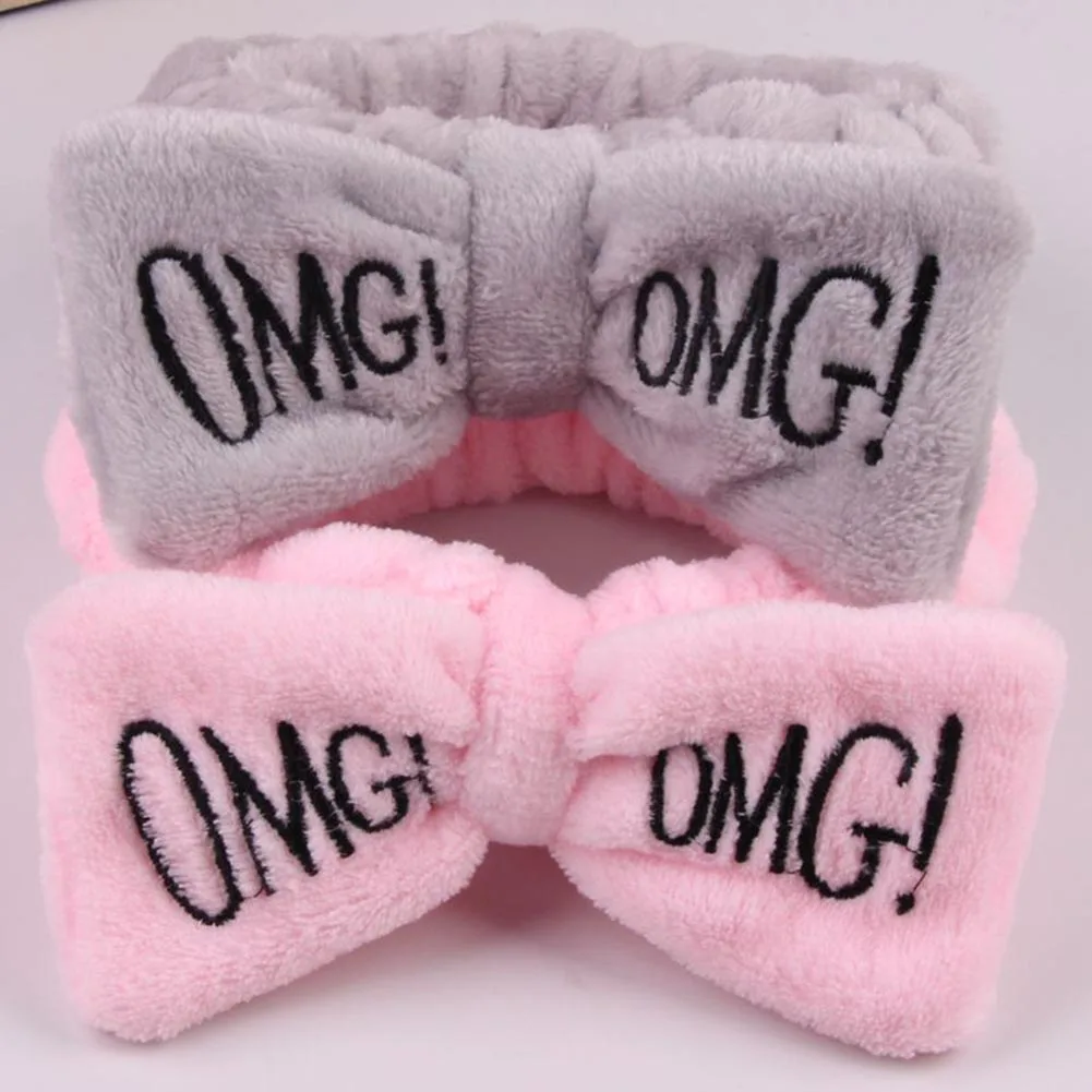 Women Headband OMG Letter Coral Fleece Hairband Wash Face Bow Hairband Women Girl Elastic Soft Turban Headwear Hair Accessories