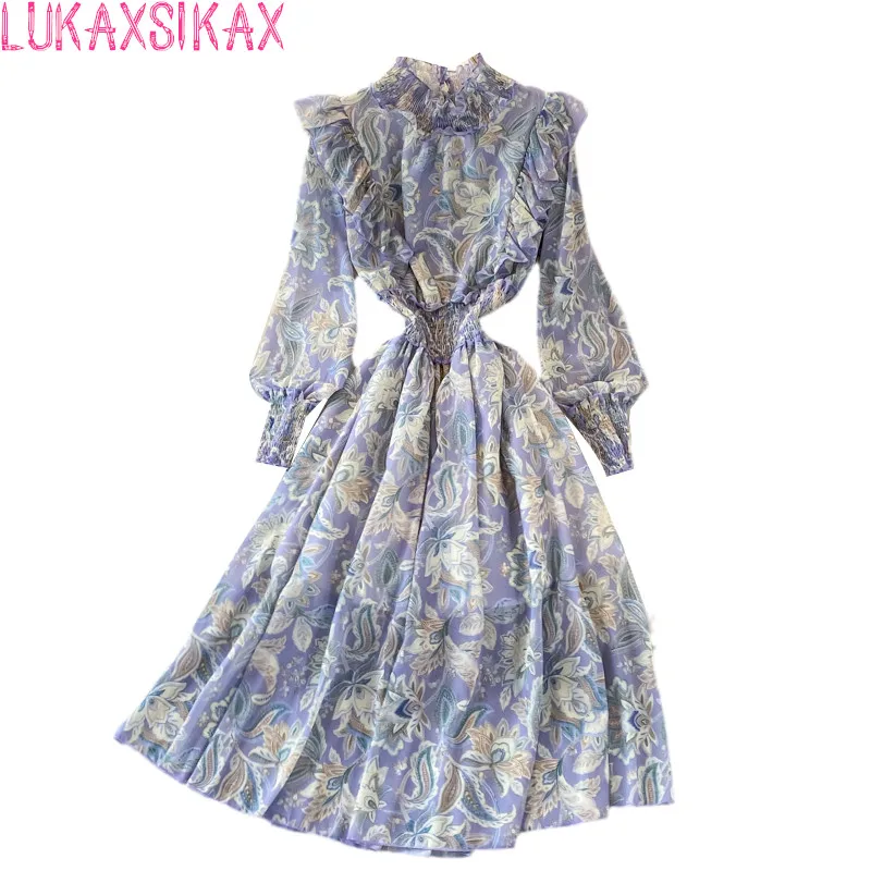 

LUKAXSIKAX 2022 New Spring Autumn Women Stand Collar Long Sleeve Slim Long Dress Sweet Ruffles Retro Floral Chiffon Dress