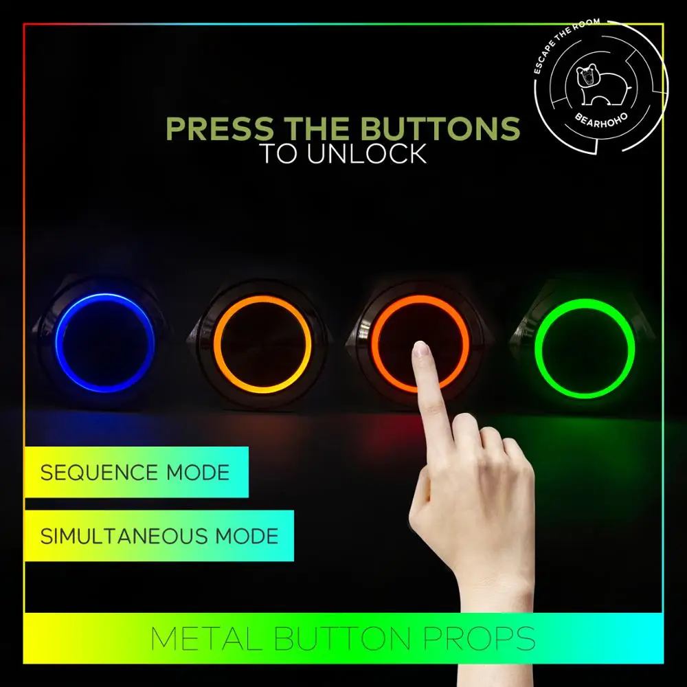 BearHoHo Escape Room Props 4 Colors Metal Buttons Press Light Up To Control 12V Magnet Lock For Adventure Exit Game