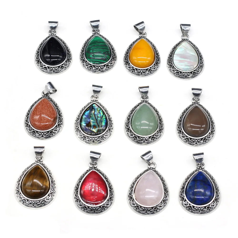 24x40mm Natural Stone Vintage Pendant Water Drop Shape Crystal Lapis Lazuli Charms DIY Necklace Jewelry Making Gift for Women