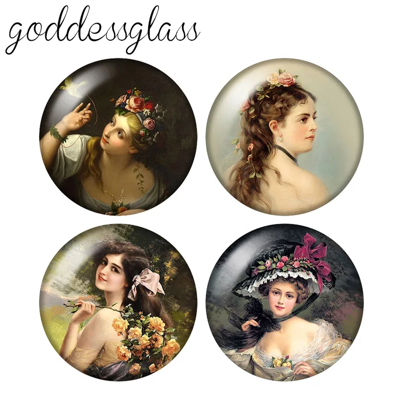 Vintage beauty Lady Retro paintings 10pcs 12mm/18mm/20mm/25mm/30mm Round photo glass cabochon demo flat back Making findings