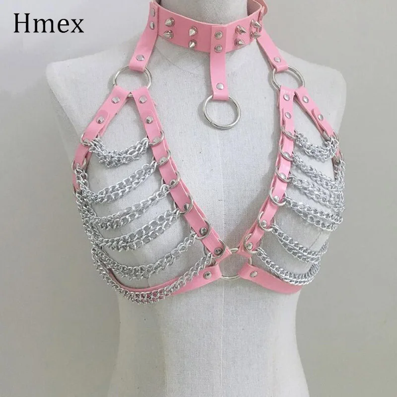 Pink Leather Harness Belt Chain Bra Bondage Garters Women Gothic Adjustable Long Tassels Waist Belt Suspenders