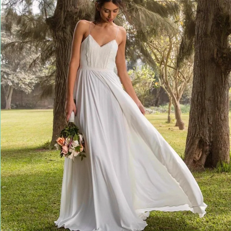 Sexy Elegant A-Line Wedding Dress Sweetheart Sweep Train Spaghtti Straps Lace sleevelesss Backless Bride Robe De Mariee