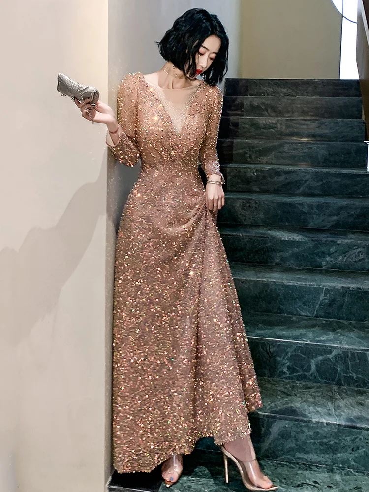 Customized Sequined Long Sleeves Evening Dress O Neck Glitter Prom Dresses Plus Size Elegant Floor Length Vestido de noiva