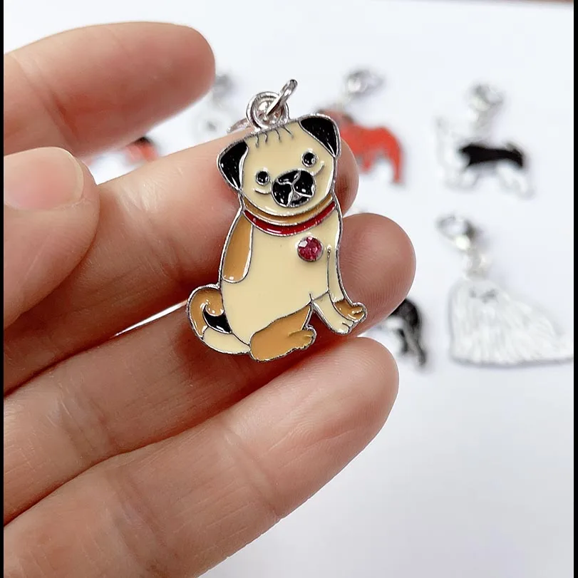 2PCS/LOT Pet dog Bag metal charm Pug  DIY Key Chain Animal enamel corgi dog charms for jewelry making earring pendant bracelet