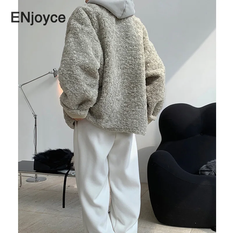 Herfst Winter Lam Wol Schapenvacht Fleece Jas Vrouwen Casual Loose Thicken Jas Vrouwelijke Kraag Breed Been Warm Bovenkleding