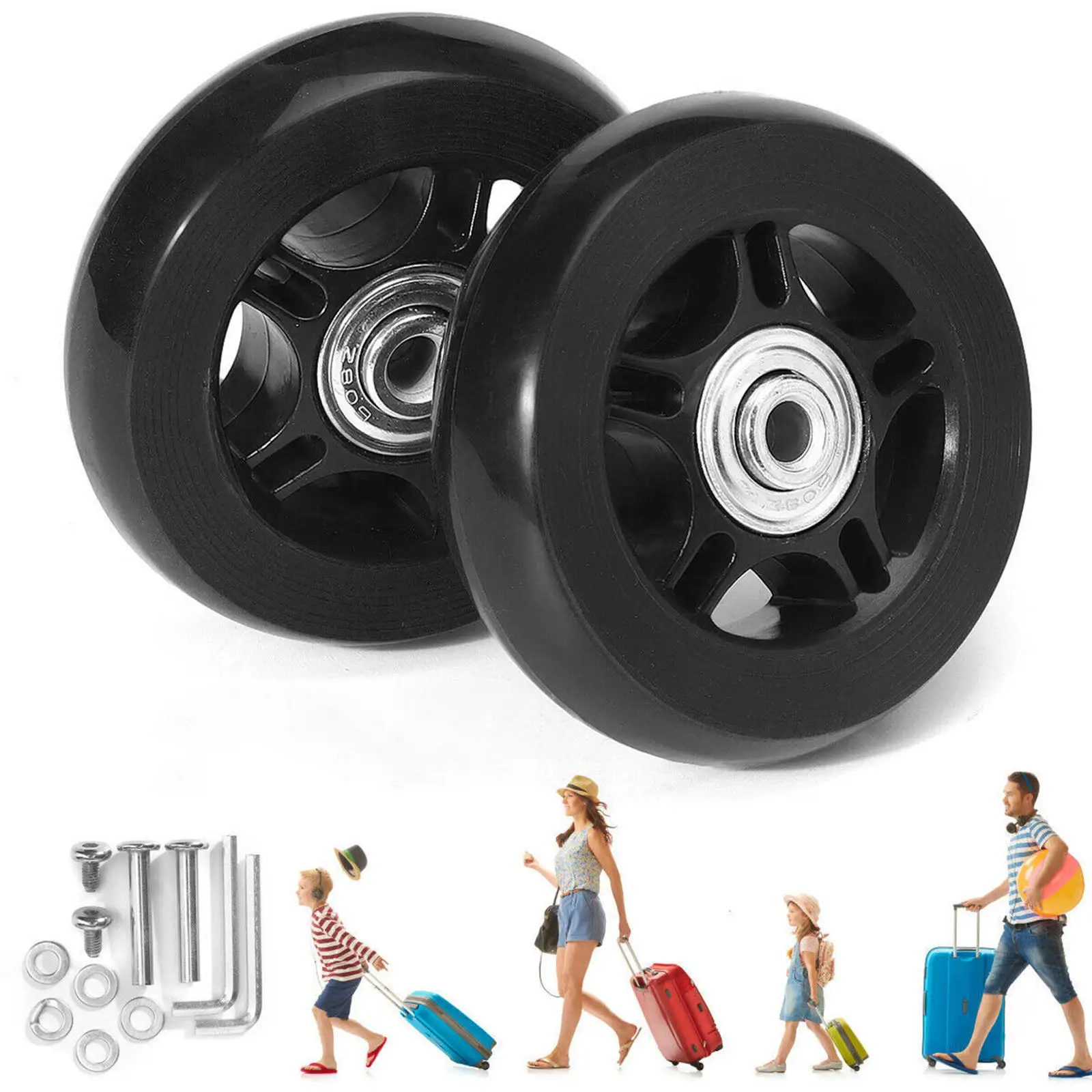 Set of 2 Luggage Suitcase Wheels Wear-Resistant Swivel Caster Black Wheels Bearings Repair Kits Rubber Flexible Universal Wheel