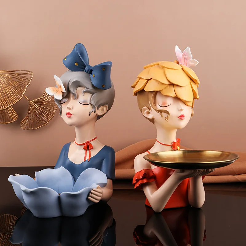 

Modern Resin Flower Head Girl Storage Tray Ornaments Home Livingroom Desktop Figurines Decoration Coffee Table Furnishing Crafts