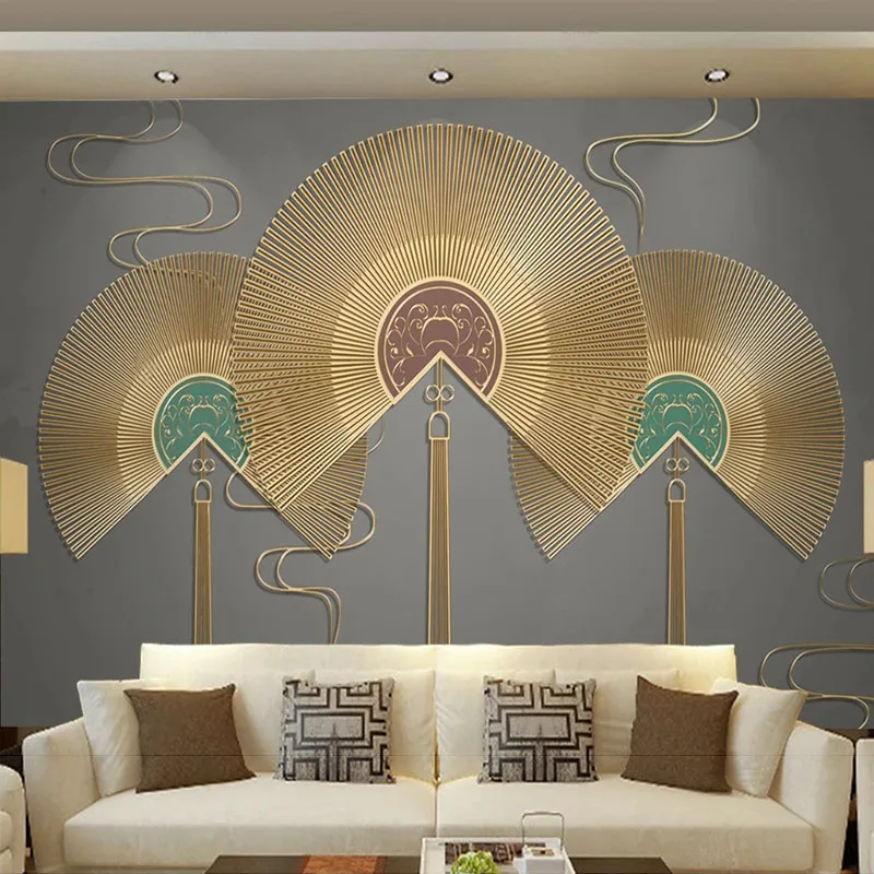 

Custom Wallpaper 3D New Chinese Fan-Shaped Decoration Auspicious Clouds Golden Embossed Line Background Wall Papel De Parede Art