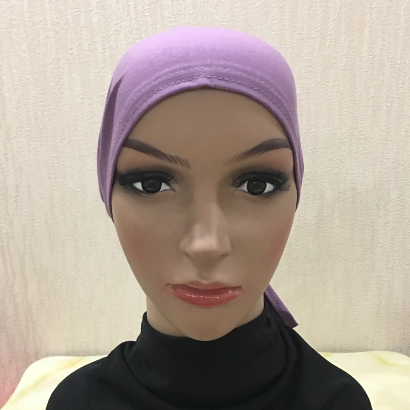 H048 Plain Cotton Tie Back Hats Muslim Turban Pure Color Stretch Inner Hijabs Underscarf Women Head Scarf Under Hijab Bonnet