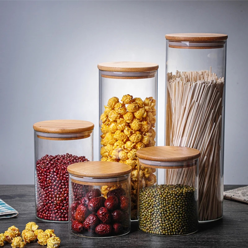 Jars for Bulk Cereals Storage in the Kitchen Sealed Glass Bottle Food Container Wooden Lid Coffee Bean Spice Sugar Can Organizer