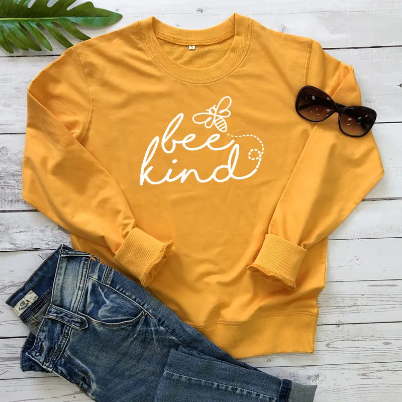 

90S Bee Kind Letter Cotton Women Sweatshirt Fashion Funny Crewneck Female Plus Size Pullover Full Long Sleeve Lady Top Shirt