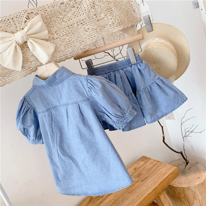 Summer Girls\' Clothing Sets fashion Lapel Pocket Denim Puff Sleeve Top + Skirt 2Pcs Baby Kids Clothes Suit Children Clothing