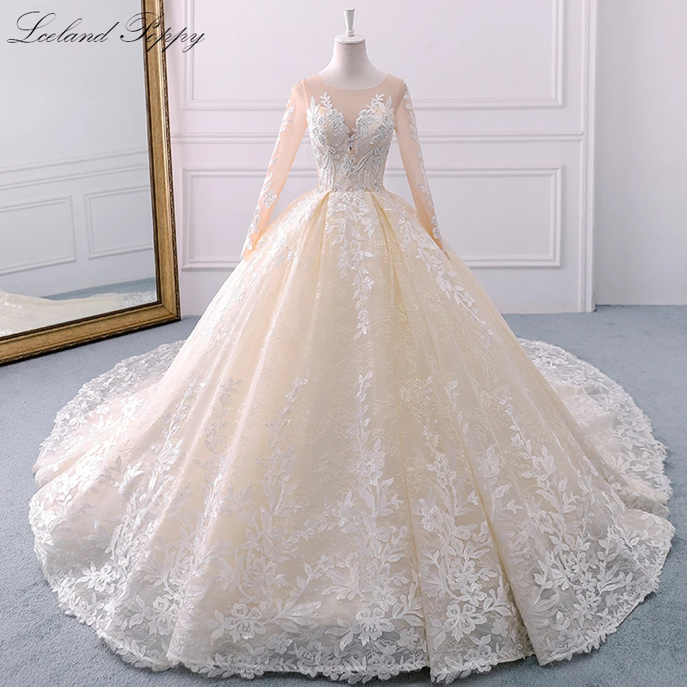 

Lceland Poppy Ball Gown Champagne Lace Wedding Dresses Scoop Neck Full Sleeves Beaded Sequined Bridal Gowns with Cathedral Train