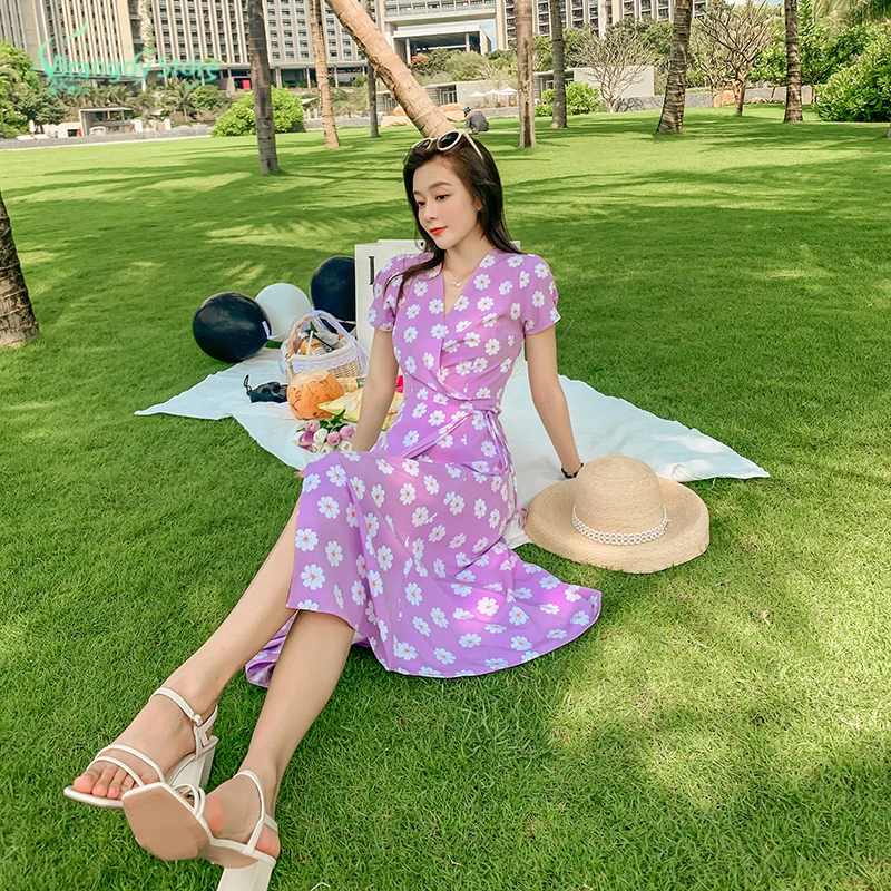 

Women's Clothing 2021 Summer Vintage Cotagecore Fairy Wwrap Dress Harajuku Elegant Casual Sukienka floral purple