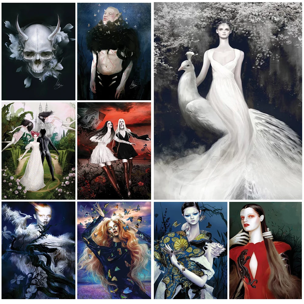 

Abstract Girl Peacock Devil Garden Nordic Poster Wall Art Canvas Painting Wall Pictures For Living Room Home Decor Unframed