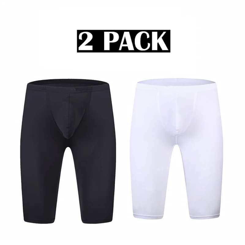 2 Piece Mens Sleep Bottoms Ice Silk Sexy Bugle Pouch Long Boxer Shorts Summer Pajama Shorts Slip Homme Transparent Underwear