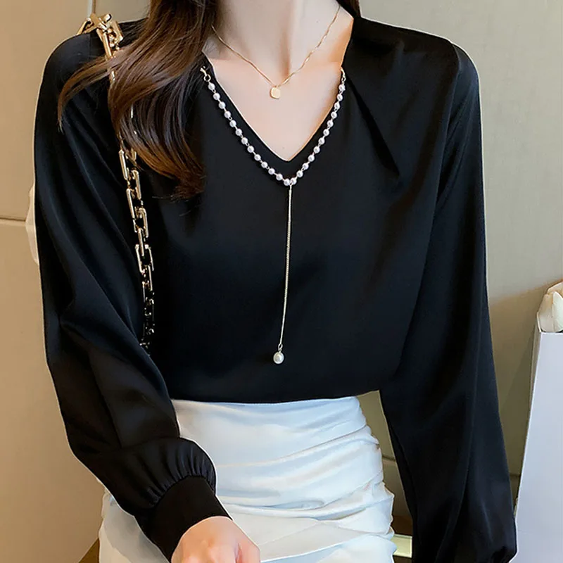 Branco longo mangas compridas chiffon camisa feminina outono 2022 coreano roupas sólido preto blusa blusa mujer topos roupas de miçangas 2009