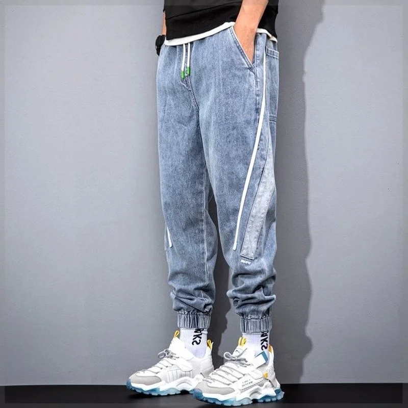 Ripped Jeans Men's Loose Cropped Trousers with Elastic Waist and Workwear Casual Trousers Jeans for Men