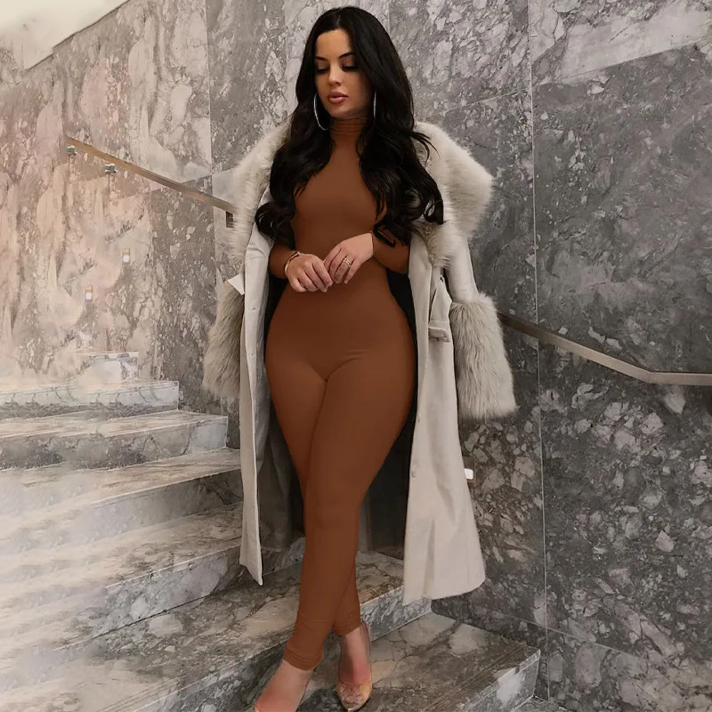 Fall Winter Long Sleeve Brown Sexy Bodycon Jumpsuit Women Romper One Piece Outfits Turtleneck White Black Jumpsuit Female Ladies