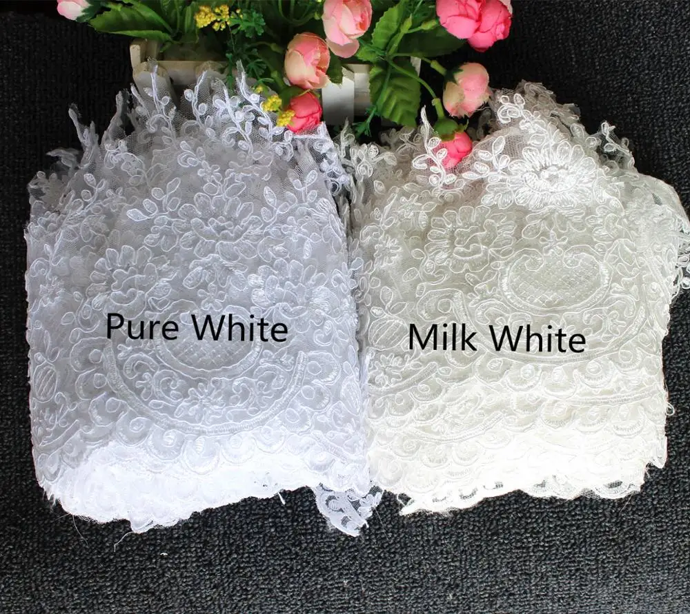 1 Yard White Wedding Lace Fabric Bridal Lace Appliqued Border 3D Flower Sequined Embroidered Fabric Sewing Apparel Lace Trims image 4