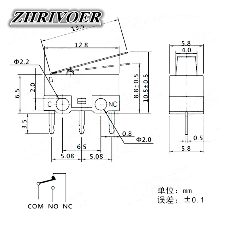 TIAIHUA-microinterruptor de límite, pulsador de 1a, 125V CA, 3 pines, mango largo, brazo de palanca de rodillo, SPDT, 12x6x6mm, 10 Uds.