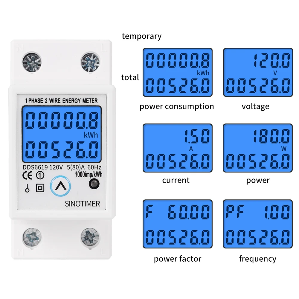 Digital Wattmeter AC 110V 120V 5(80)A Power Energy Meter Din Rail KWH Voltage Current Meter Backlight with Reset Function