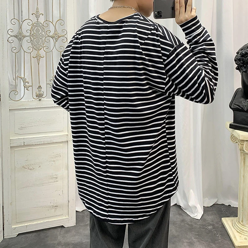 Fashion Branded Casual Striped Long Sleeve Men Tshirts Autumn Korean Style Harajuku Top Oversized White Black Streetwear Clothes
