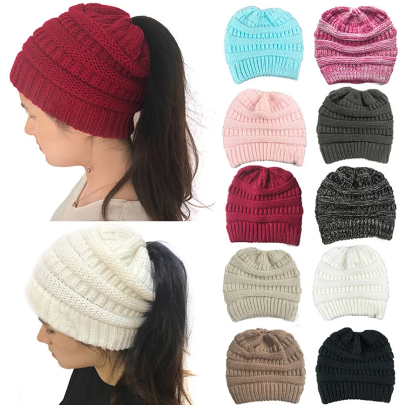 Horsetail Hat Winter Warm Cap Foldable High Quality Ponytail Cap Women Knitted Stretch Crochet Hat Hair Accessories Beanies