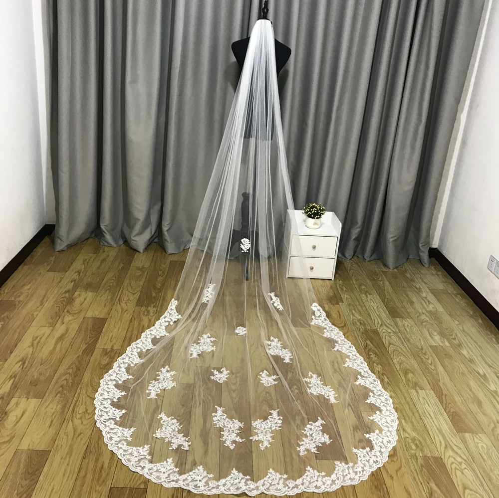 Fotos reais branco/marfim casamento véu 3m longo pente laço mantilla catedral véus de noiva acessórios de casamento veu de noiva