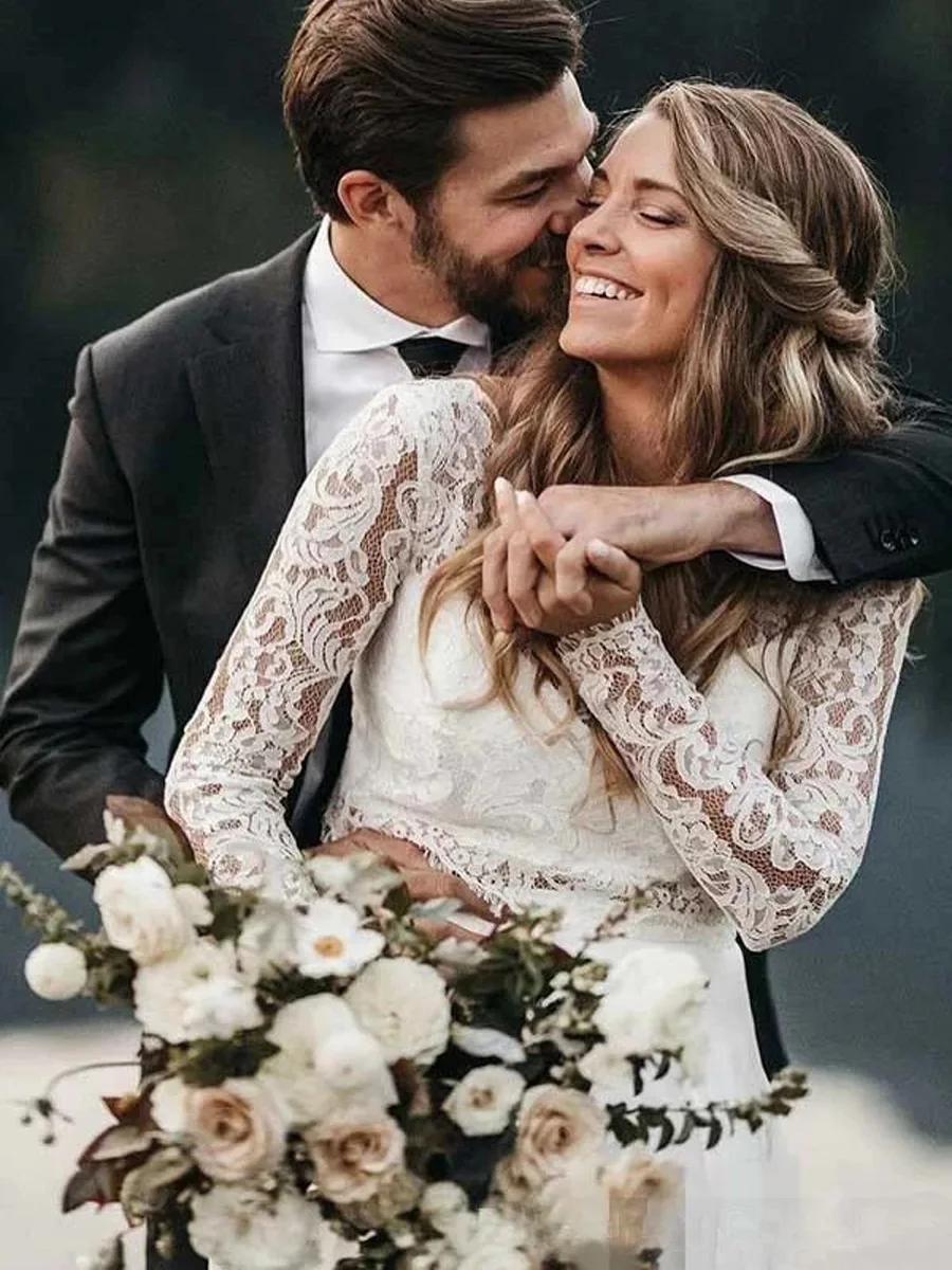 Vestidos de novia de encaje de dos piezas de manga larga para playa, Vestido de novia Sexy de gasa con cuello redondo, estilo bohemio