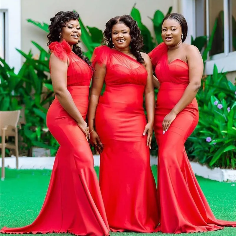 

African Red One Shoulder Mermaid Bridesmaid Dresses Draped Sweep Train Garden Country Wedding Guest Gowns Maid of Honor Dress