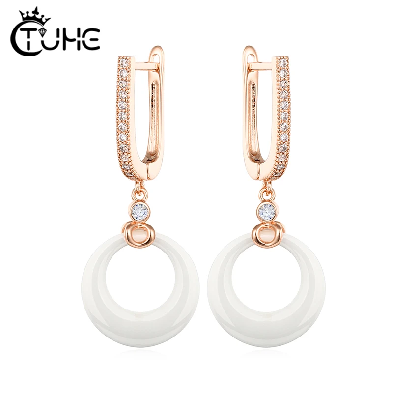 585 Rose Gold Circle Hoop Drop Earrings Crystal Wedding Jewelry With Black White Round Ceramic For Women Hanging Dangle Earrings