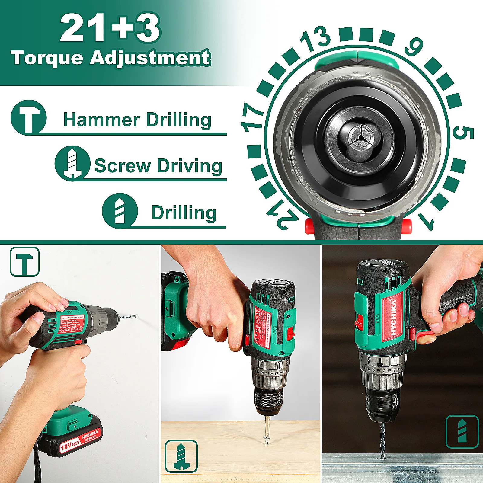 HYCHIKA18V Brushless Electric Drill 60Nm Cordless Screwdriver 2000mAh Battery Screwdriver Electric Drill Combination Tools