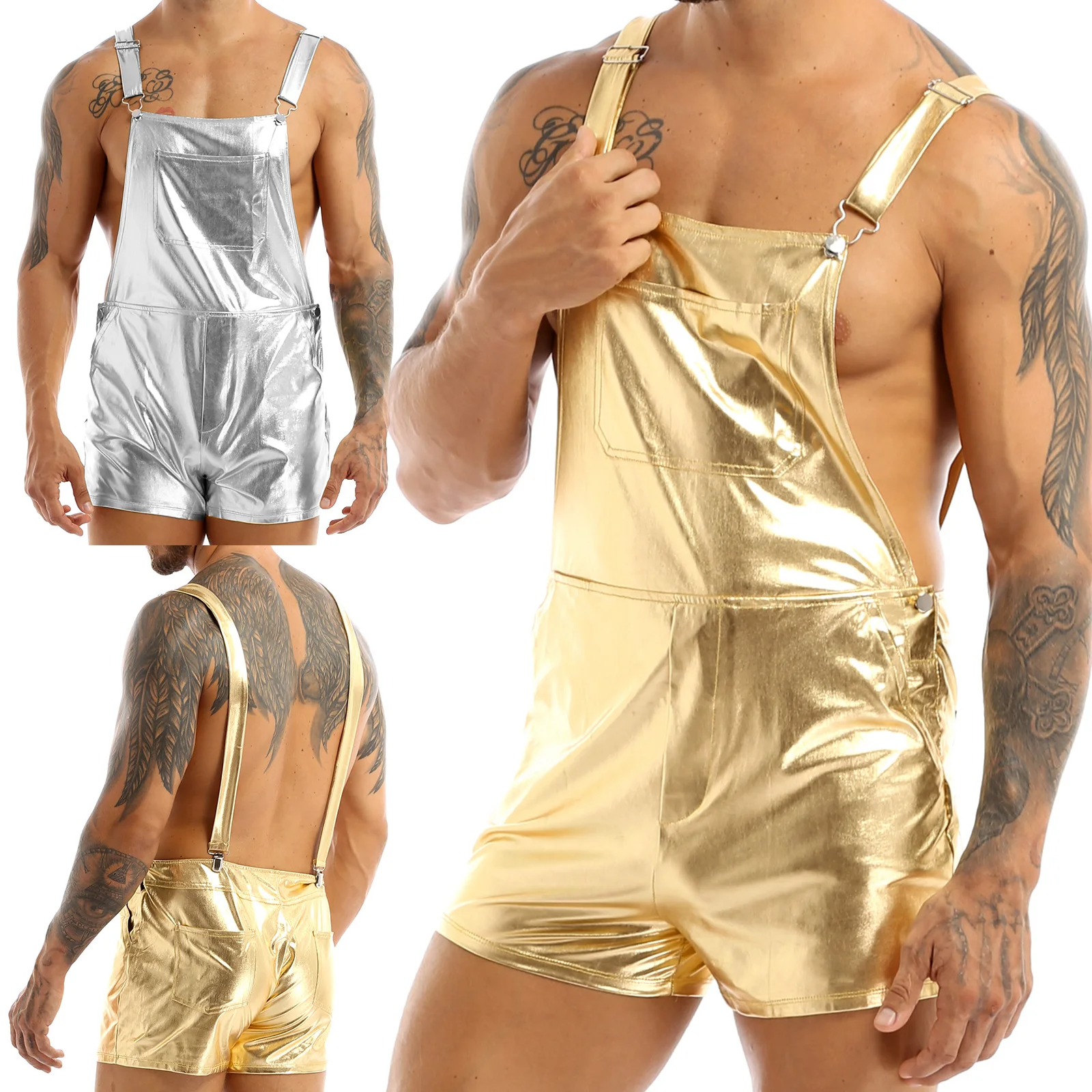 Salopette con bretelle metallizzate lucide da uomo salopette con bretelle Hotpants Shiny Party Carnival Cosplay Costume Festival Clubwear Fancy Dress