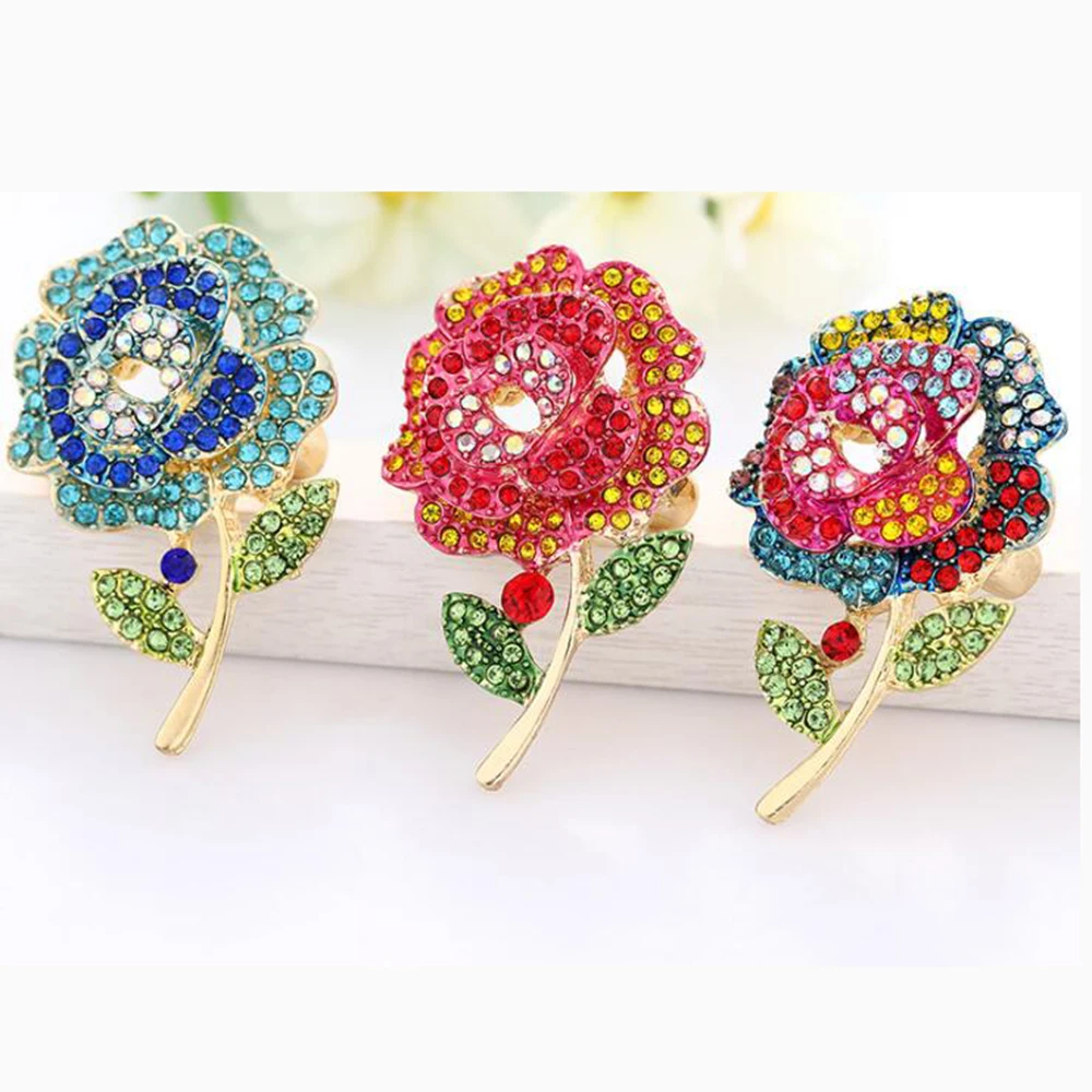 5cm*3.4cm Gold Tone RED GREEN Crystal Rose Flower Leaf Brooch Pin Wedding Accessories Decoration Bridal Brooch Bouquet Brooch